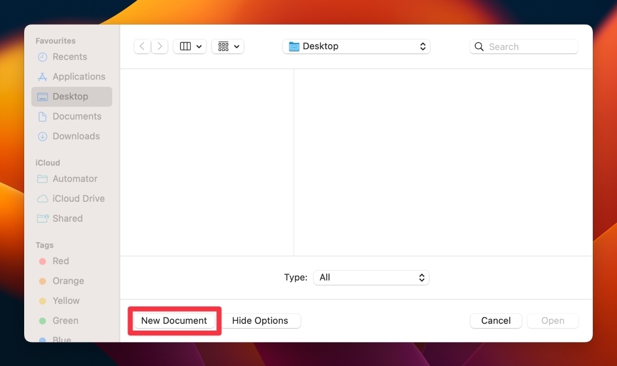 Select New Document At The Bottom Left Of The New Window