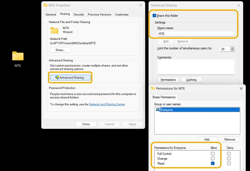 "Advanced Sharing" folder options in Windows.