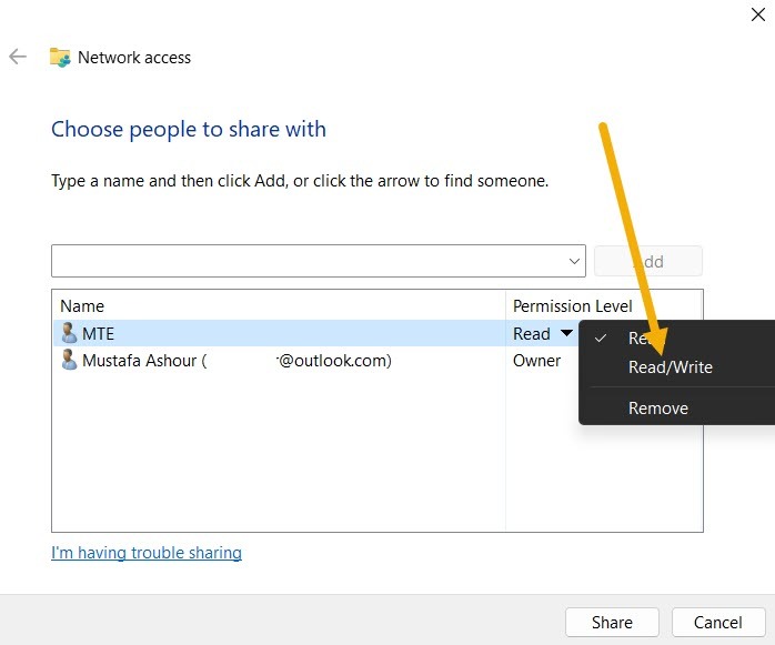 Granting folder permissions in Windows.