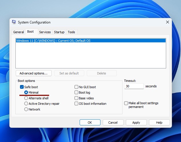 Opting for minimal safe boot configuration. 