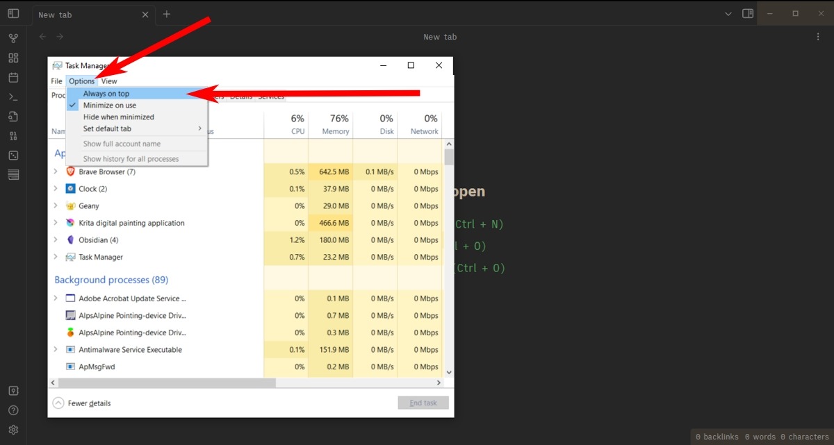 Task Manager Options Always On Top Full Size Screenshot