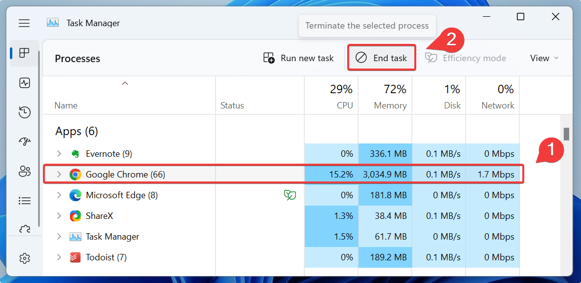 Terminating resource-intensive tasks in Task Manager.