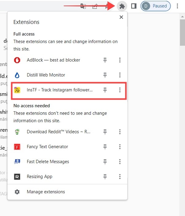InsTF extension activation in Chrome browse.
