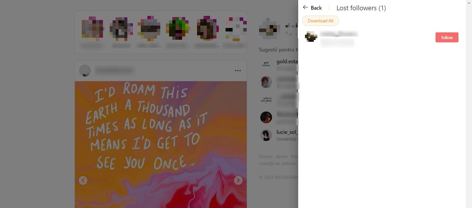 "Lost followers" list view in InsTF extension.