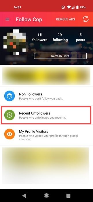 "Recent Unfollowers" option in Follow Cop app for Android.