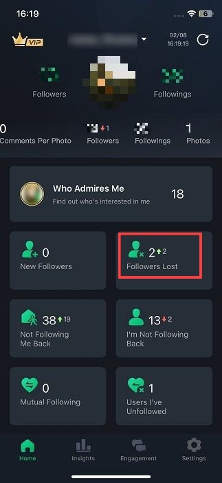 "Followers Lost" option in Followers - Tracker Insight app for iOS.