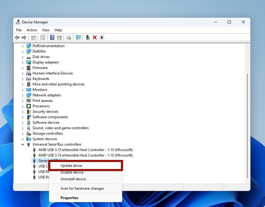 Update driver option in Device Manager.