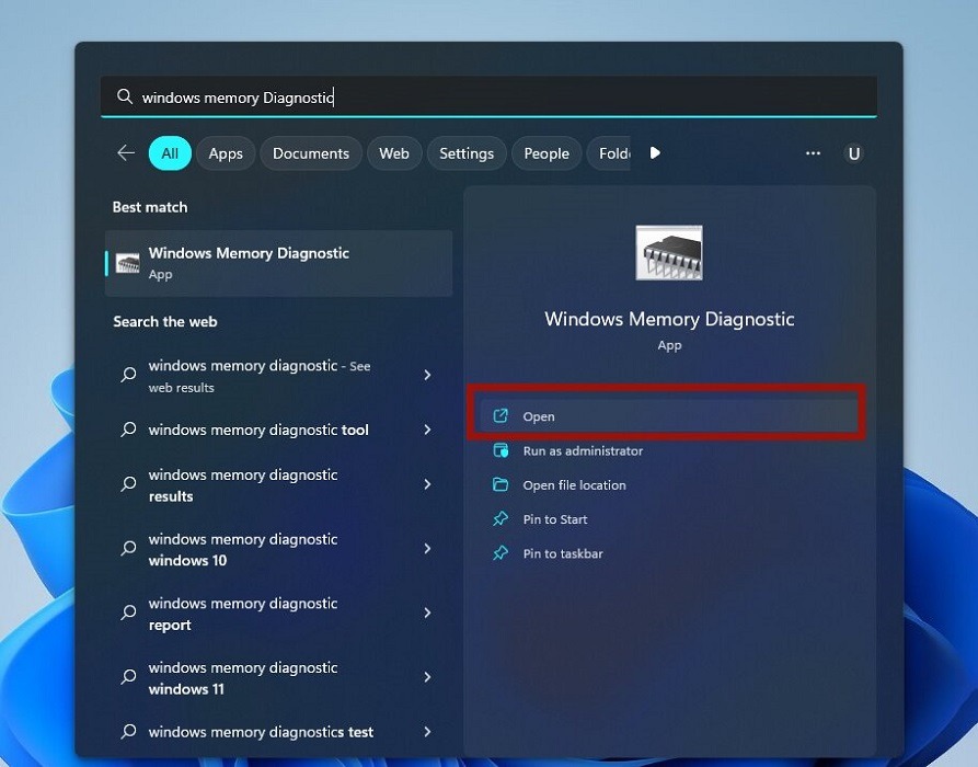 Windows Memory Diagnostic option in Search.