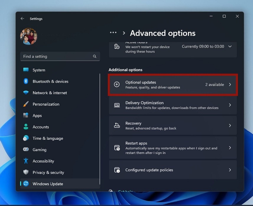 Optional Updates in Windows.