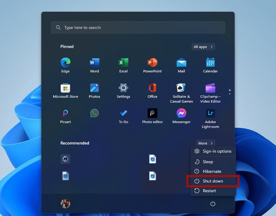 Shutdown options in Windows.