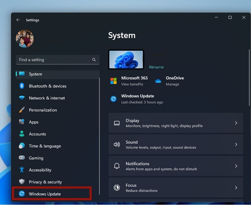 "Windows Update" option under System in Windows Settings.
