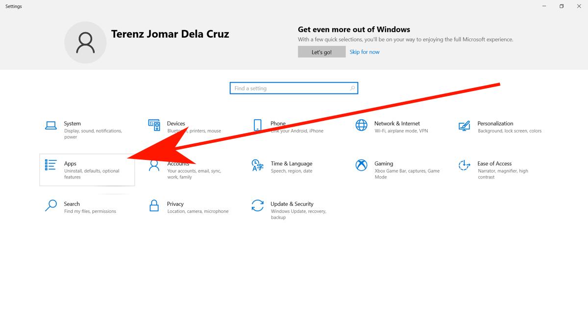 Selecting "Apps" in Settings in Windows 10.