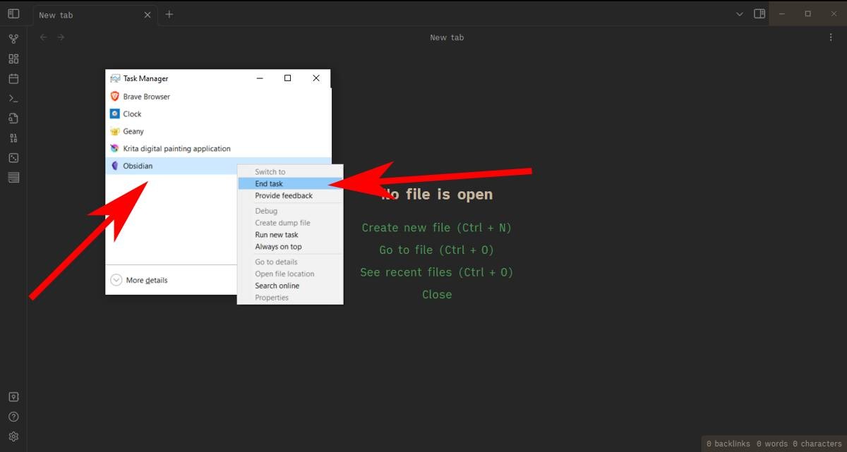 "End task" operation in Task Manager.
