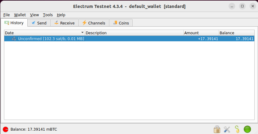 A screenshot of the default Electrum wallet overview window.