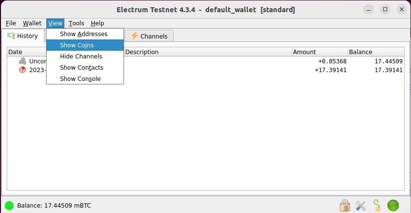 An Electrum screenshot showing the View menu for the Electrum Wallet.