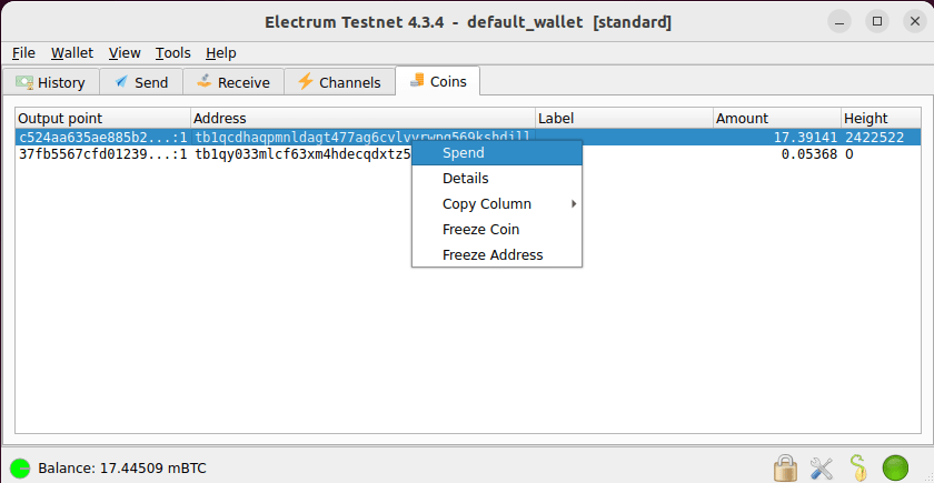 A screenshot showing a UTXO's context menu.