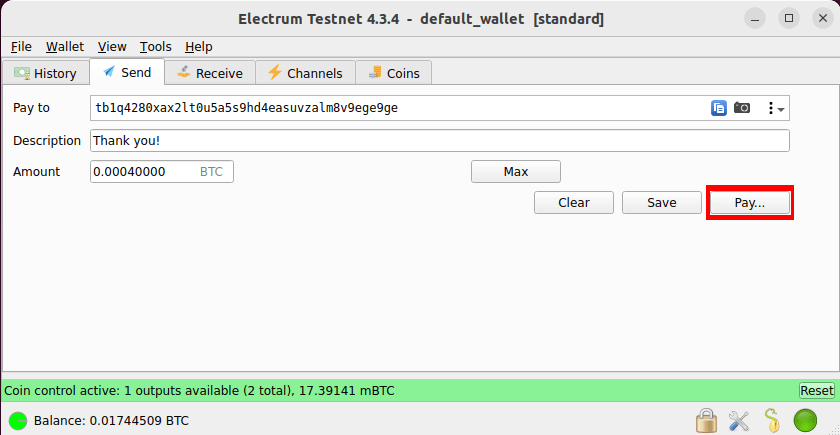 An Electrum screenshot showing a payment screen with a single UTXO selected.