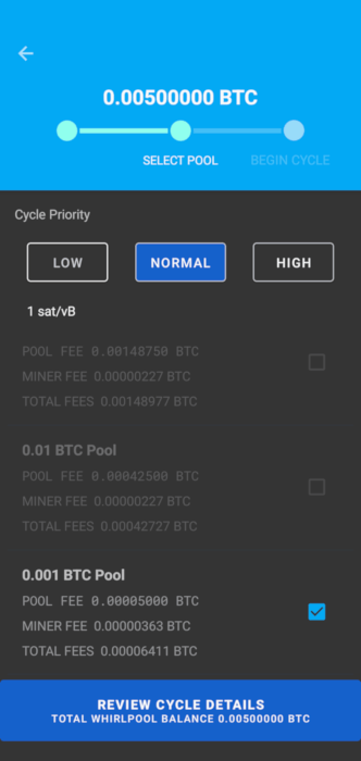 A Samourai Wallet screenshot showing the different mix pools available for it.