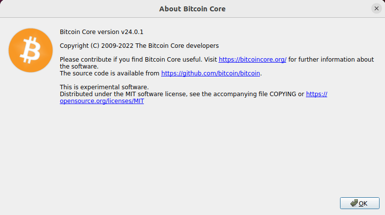 A screenshot of the Bitcoin Core's about window.