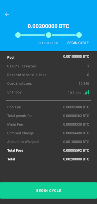 A Samourai Wallet screenshot showing a summary of the CoinJoin transaction.
