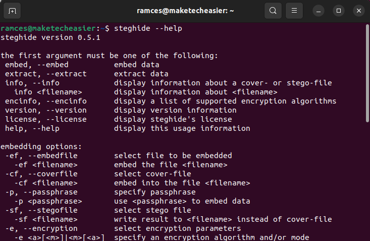 A terminal showing the options of steghide.