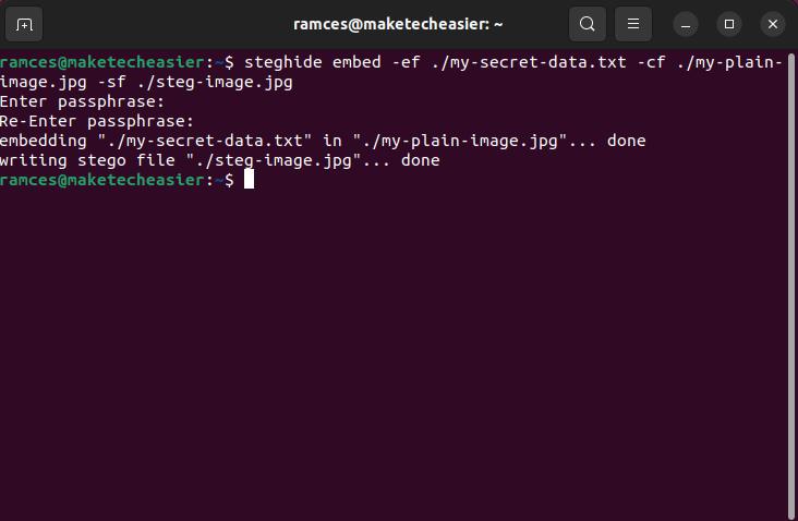A terminal window showing steghide in action.