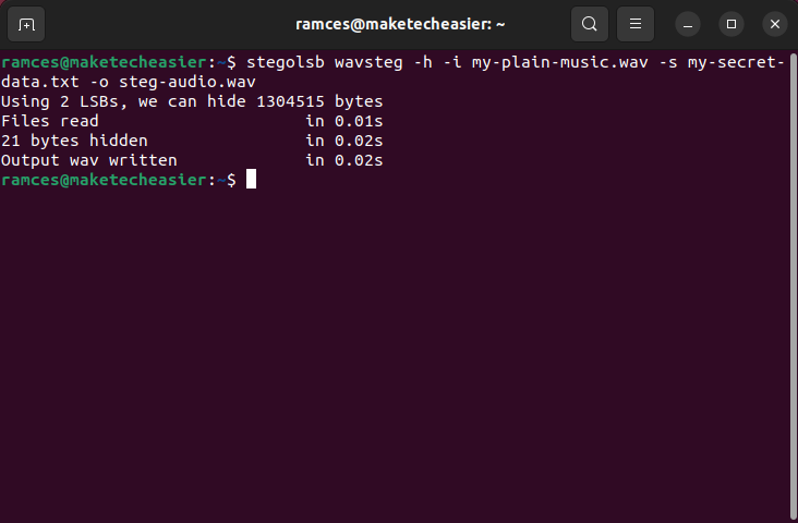 A terminal window showing the encoding for wavsteg.