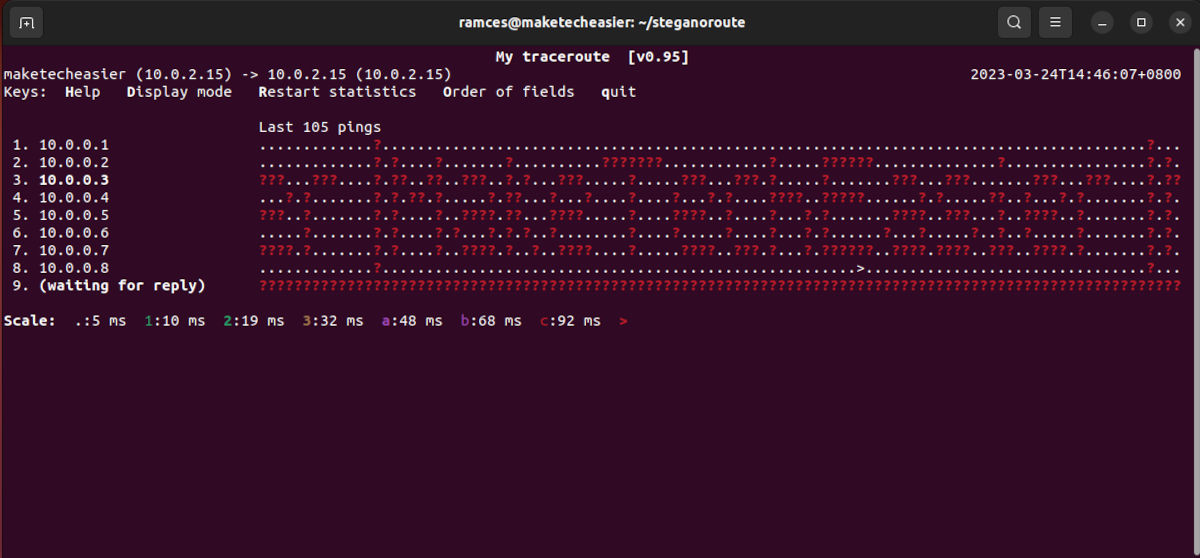 A terminal window showing the broadcast message for steganoroute.