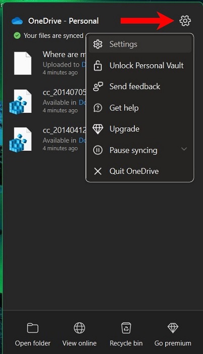 Accessing OneDrive Settings in Windows.