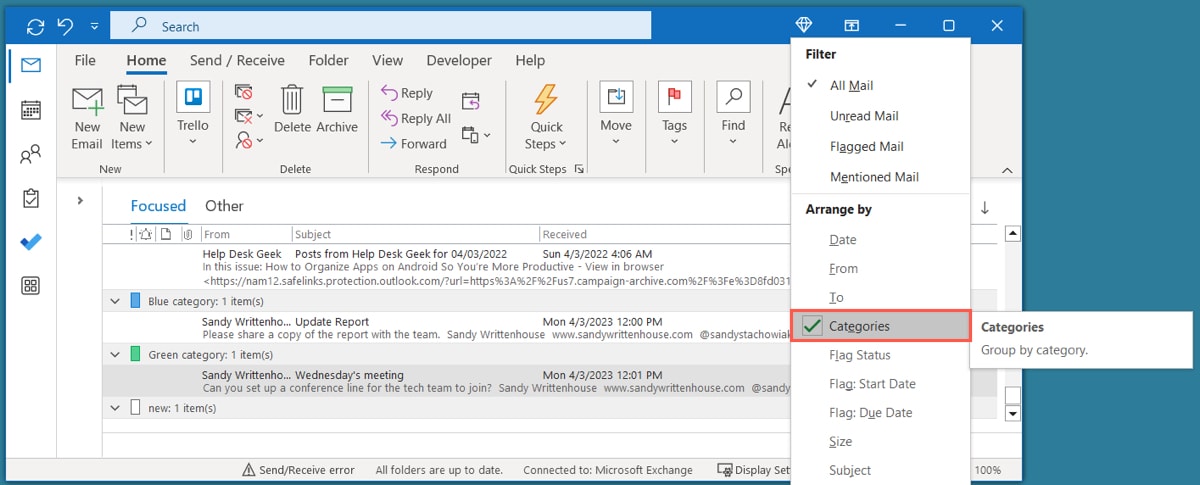 Arrange by Categories in Outlook on Windows