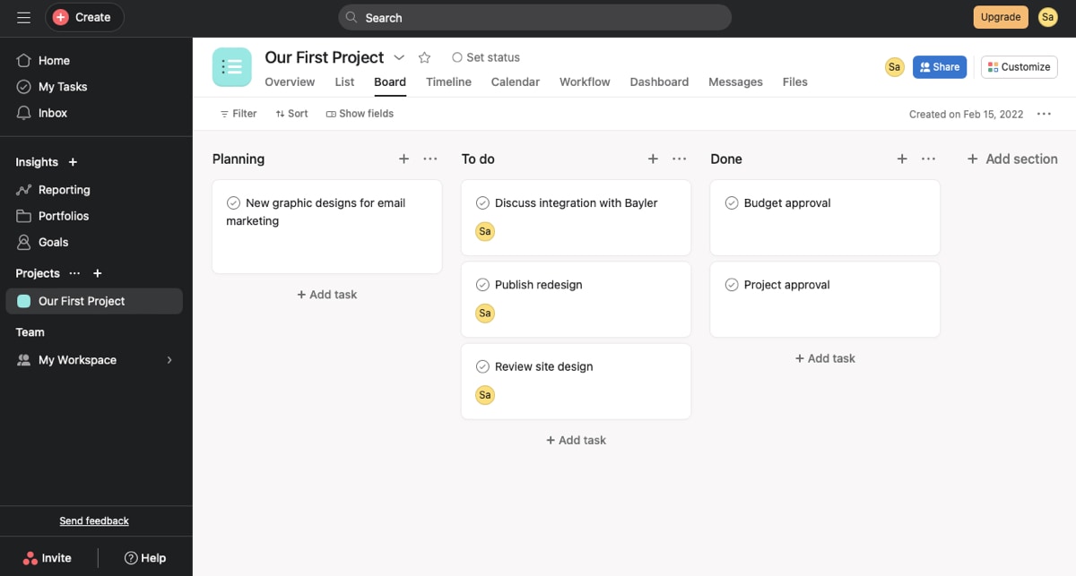 Asana Kanban board 