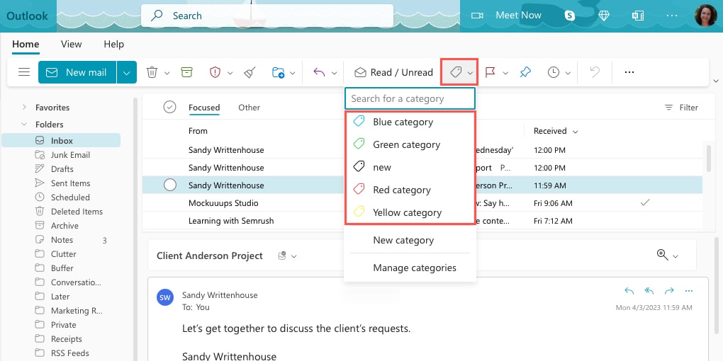 Assign a category in Outlook on the web