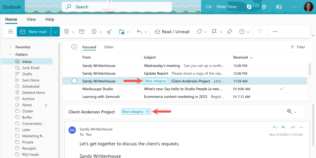 Assigned a category in Outlook on the web