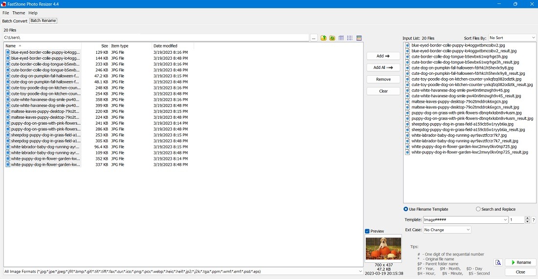 Batch renaming using FastStone Photo Resizer software. 