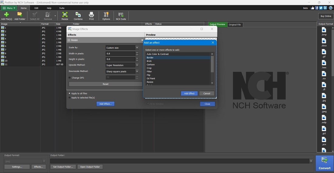 Batch image editing in Pixilion software, with resizing and borders effect shown.
