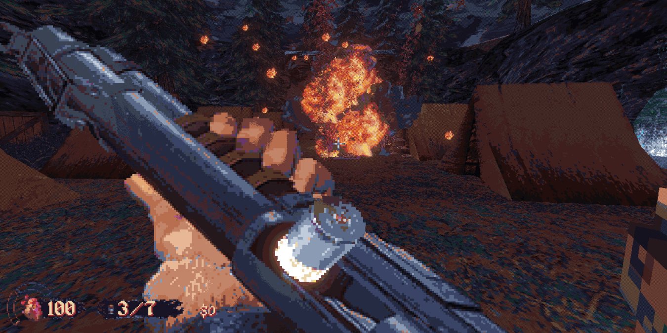 Screenshot from the PC game Cultic showing the player holding a shotgun