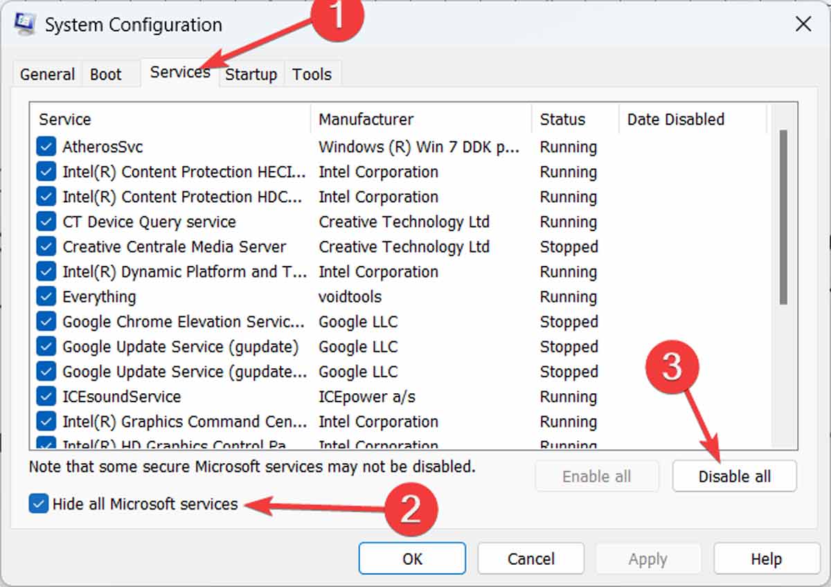 Hiding all Microsoft services from the Services tab.