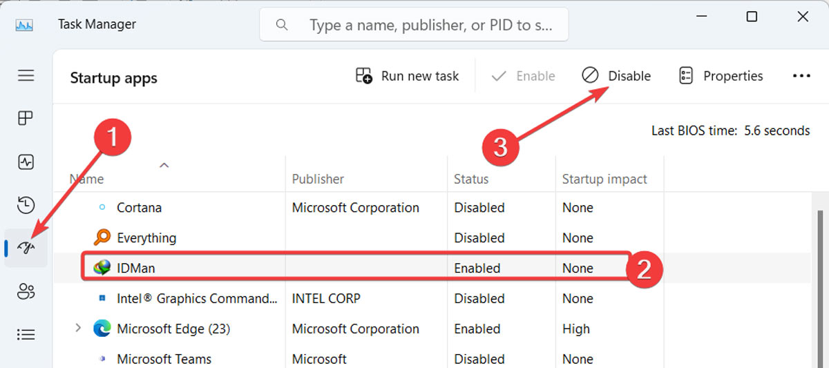 Disabling apps under "Startup apps" in Task Manager.