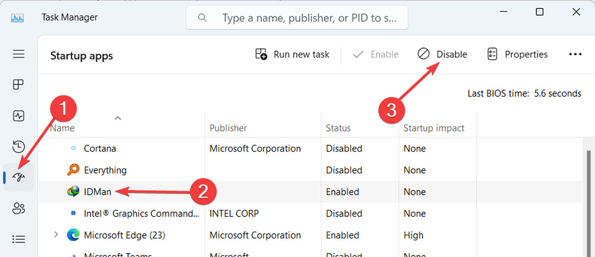 Disabling apps under "Startup apps" in Task Manager.