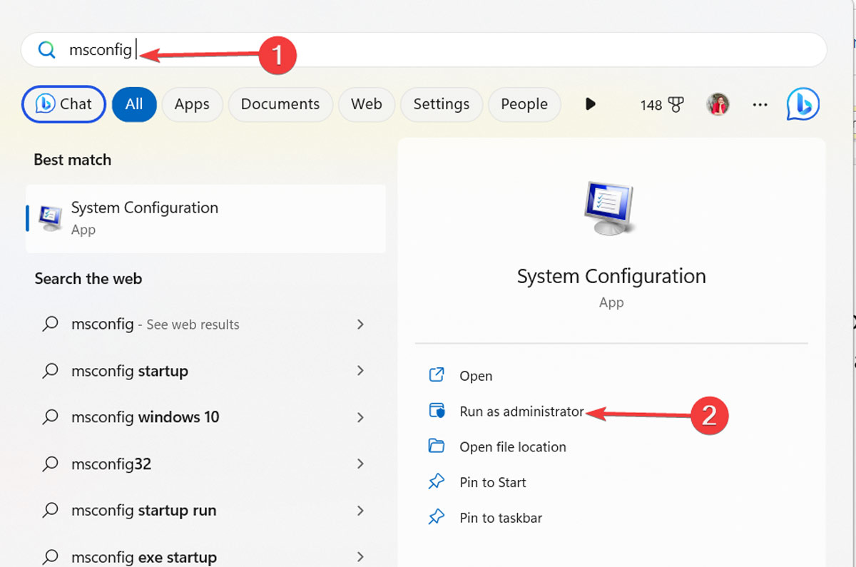 Typing "msconfig" in Windows Search.