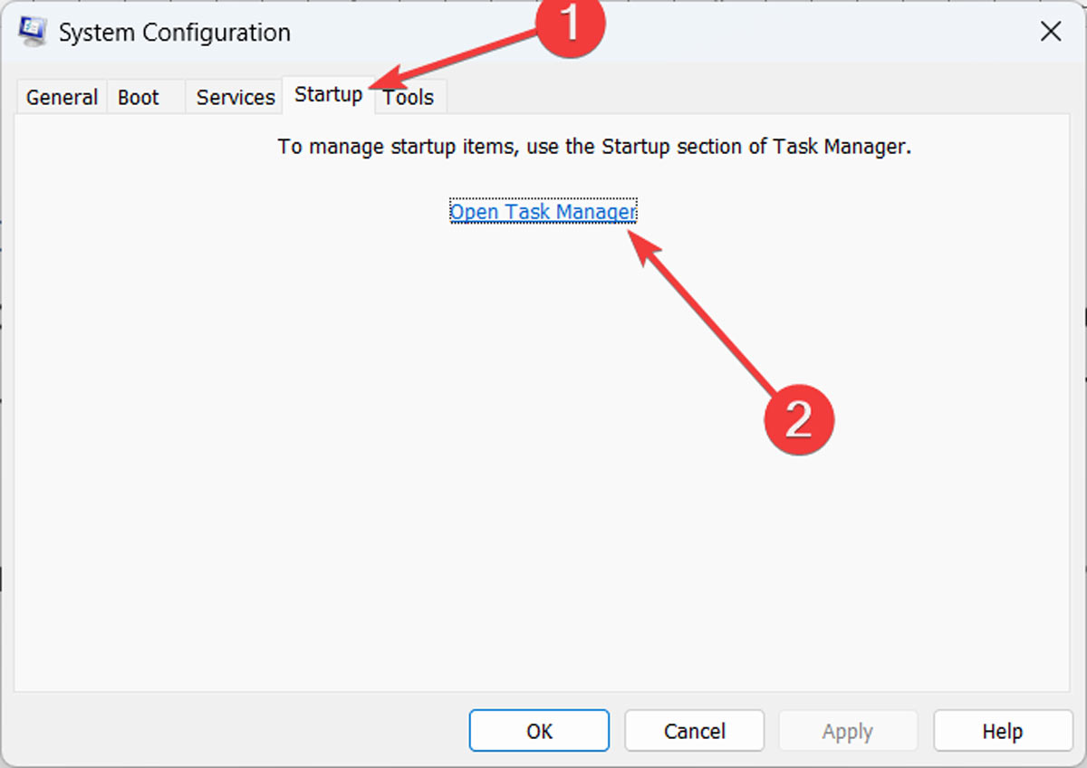 Clicking on "Open Task Manager" in System Configuration window.