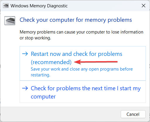 Clicking on "Restart now and check for problems (recommended)" option in Windows Memory Diagnostic window.