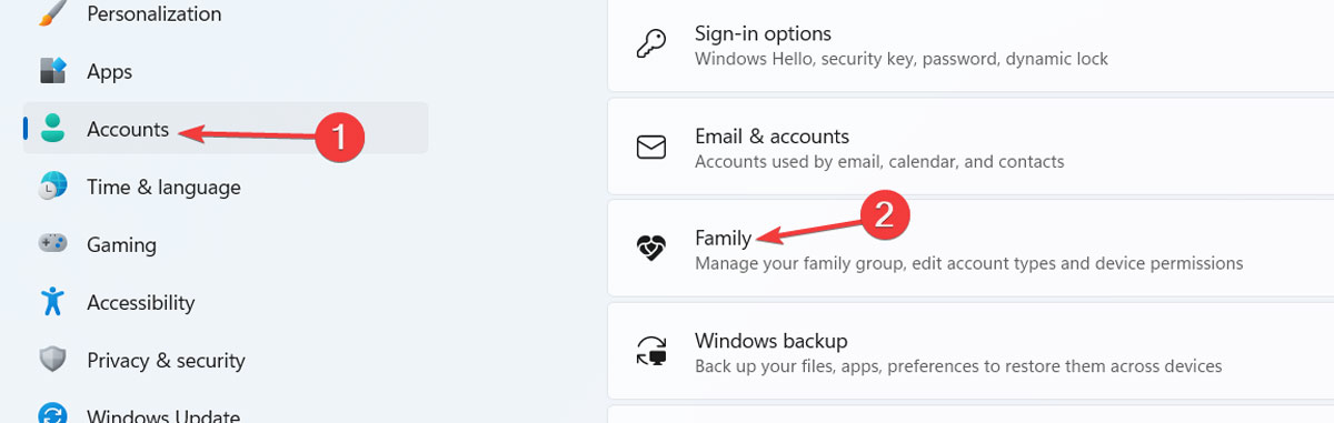 Clicking on "Family" under "Accounts" in Windows Settings.