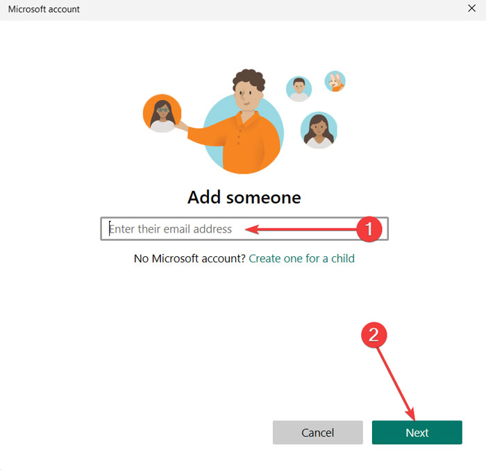 Adding new Microsoft account to "Family" section.