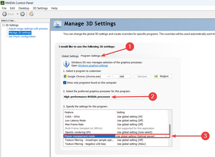 Modifying 3D settings in NVIDIA Control Panel app.