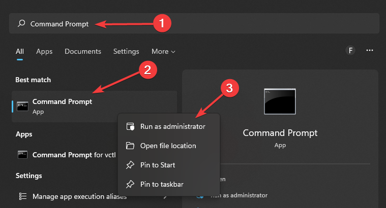 Typing "Command Prompt" in Windows Search.