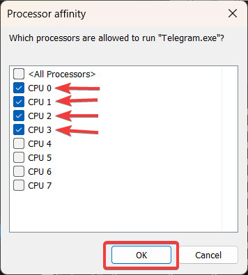 Checking cores in the "Processor affinity" window.