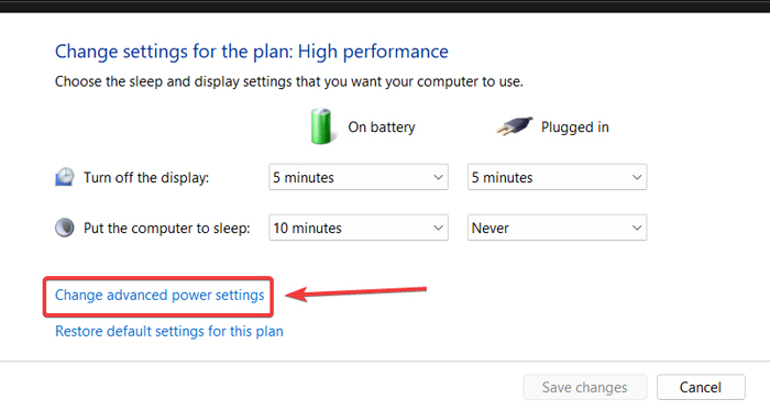 Clicking on "Change advanced power settings."