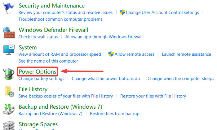 Selecting "Power Options" in Control Panel.