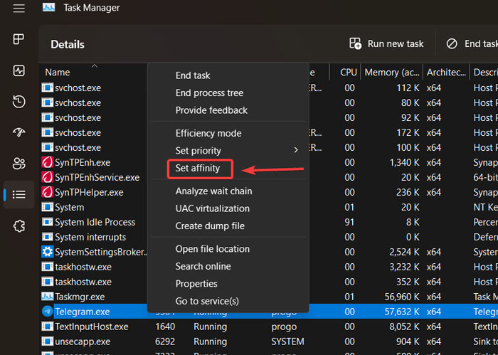 Clicking on "Set affinity" option in Details tab in Task Manager.